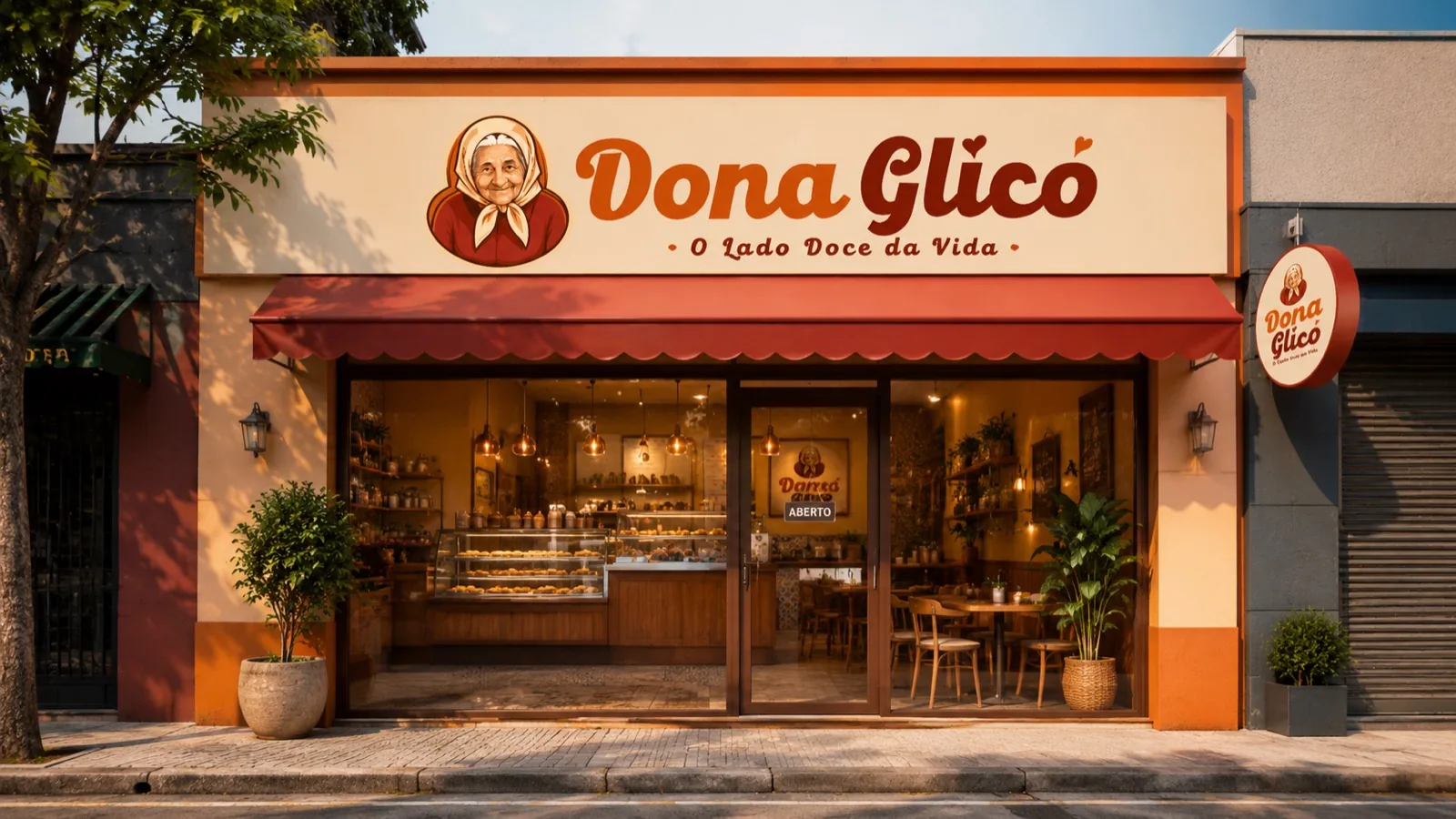 Fachada de loja franqueada Dona Glicó com toldo vermelho e letreiro iluminado