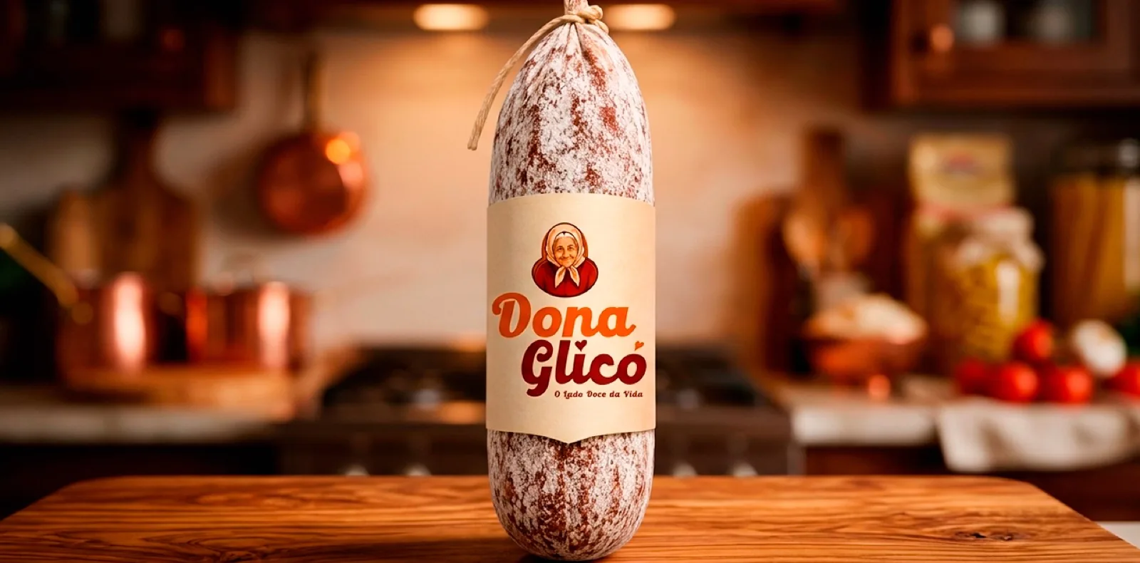 Produto artesanal Dona Glicó pendurado em cozinha de fazenda